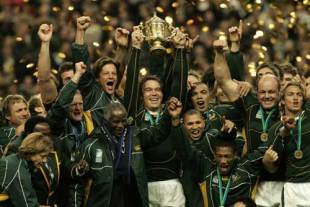 South African captain John Smit leads the celebrations following his side's victory over England, England v South Africa, Rugby World Cup final, Stade de France, October 20, 2007
