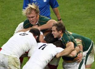 South African flanker Schalk Burger is hit hard by the English defence, England v South Africa, World Cup final, Stade de France, October 20 2007