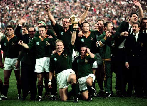 South Africa celebrate with the Webb Ellis Cup