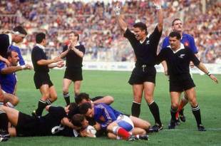 All Black wing John Kirwan burrows over for a try as Michael Jones celebrates, New Zealand v France, World Cup final, Eden Park, June 20 1987.