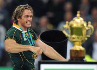 South Africa's Percy Montgomery waits to get his hands on the World Cup after kicking his side to victory, England v South Africa, World Cup final, Stade de France, October 20 2007