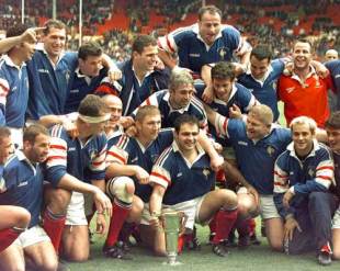 The victorious French team pose with the Five Nations trophy after defeating Wales, Wales v France, Five Nations, Wembley Stadium, April 5 1998.