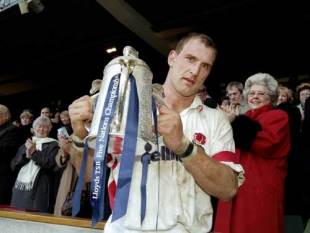 England flanker Lawrence Dallaglio poses with the Calcutta Cup after his side defeated Scotland 24-21, England v Scotland, Five Nations, Twickenham, February 20 1999.