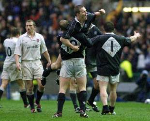 Scotland captain Andy Nicol celebrates his side's Calcutta Cup win over England, Scotland v England, Six Nations, Murrayfield, April 2 2000.