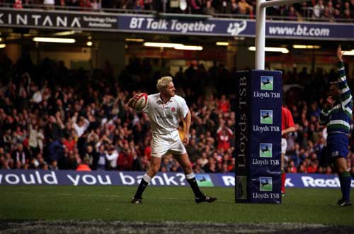 Will Greenwood celebrates a try against Wales