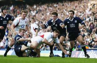 England wing Ben Cohen dives over the Scottish line to score, England v Scotland, Six Nations, Twickenham, March 22 2003.