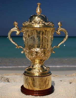 The Webb Ellis Cup in the Caribbean for the first time ahead of the opening qualifying game of the 2011 IRB World Cup between the host national, Cayman Islands and Trinidad and Tobago pictured on West Bay Beach in the Cayman Islands. April 19, 2008