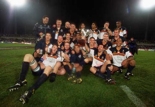 The Brumbies celebrate with the 2001 Super 12 trophy