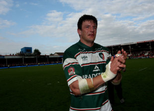 Leicester Tigers forward Martin Corry celebrates at the end of the Guinness Premiership Semi Final between Gloucester and Leicester Tigers at Kingsholm on May 18, 2008 in Gloucester