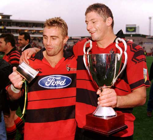 Todd Blackadder and Justin Marshall with the Super 12 trophy
