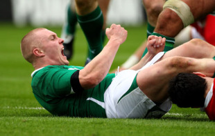 Ireland's Keith Earls celebrates scoring the game's opening try, Ireland v Wales, Six Nations, Croke Park, Dublin, Ireland, March 13, 2010