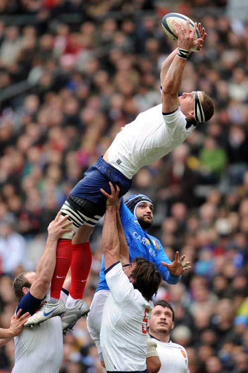 France No.8 Imanol Harinordoquy rises highest to claim a lineout
