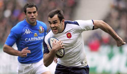 France centre David Marty breaks clear to score his first try
