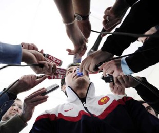 France coach Marc Lievremont is the centre of attention after naming his side to face England, Marcoussis, France, March 16, 2010