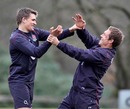 England's Toby Flood and Jonny Wilkinson joke around in training
