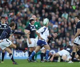 Scotland's Dan Parks nails a drop-goal against Ireland at Croke Park in their Six Nations match in Dublin, Ireland, March 20, 2010