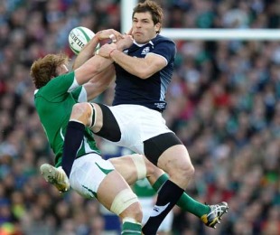 Scotland's Sean Lamont and Ireland's Stephen Ferris contest the high ball during their Six Nations clash at Croke Park, Dublin, Ireland, March 20, 2010