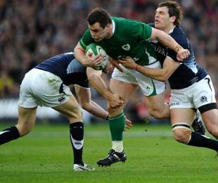 Scotland's Sean Lamont and Graeme Morrison get to grips with Ireland's Cian Healy during their Six Nations Test at Croke Park, Dublin, Ireland, March 20, 2010