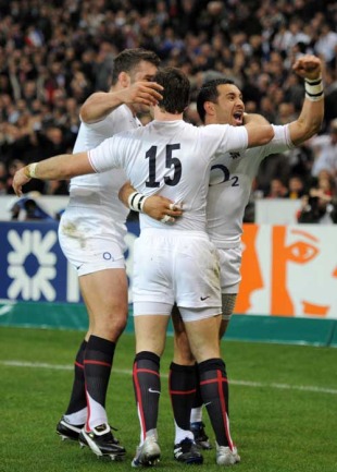 Riki Flutey and Nick Easter congratulate Ben Foden following his try, France v England, Six Nations, Stade de France, March 20, 2010
