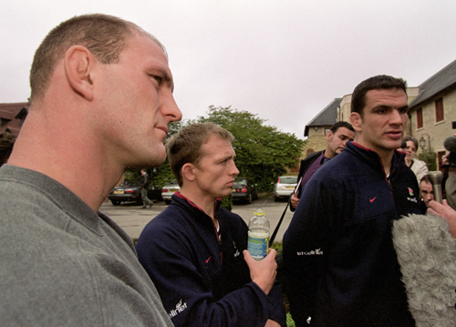 England's Lawrence Dallaglio, Matt Dawson and Martin Johnson talk to the media