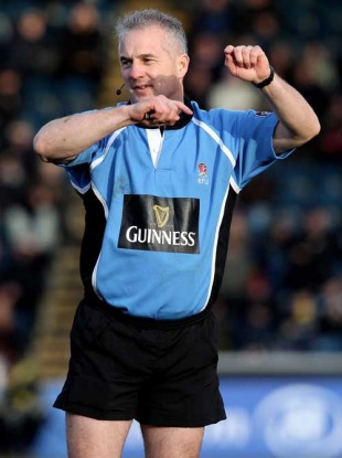 Referee Chris White pictured during a Premiership match, London Wasps v Saracens, Guinness Premiership, Adams Park, Wycombe, England, February 21, 2010