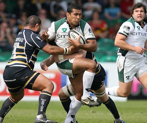 London Irish's Chris Hala'Ufia is tackled by the Worcester defence