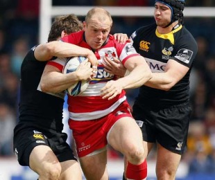 Gloucester's Mike Tindall takes on the Wasps defence, London Wasps v Gloucester, European Challenge Cup Quarter-Final, Adams Park, Wycombe, England, April 11, 2010