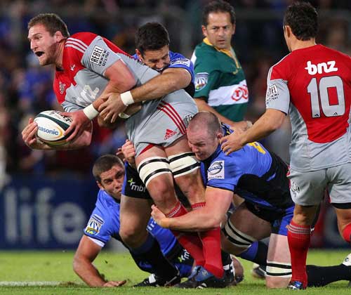 The Crusaders Kieran Read is tackled by the Western Force defence