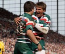 Leicester fly-half Toby Flood congratulates Ben Youngs on his try