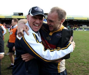 Leeds coach Neil Back and fly-half Ceiron Thomas celebrate their Guinness Premiership survival, Leeds v Worcester, Guinness Premiership, Headingley, April 25, 2010