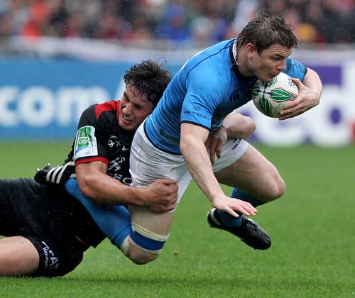 Leinster's Brian O'Driscoll is tackled by Toulouse's Yannick Jauzion