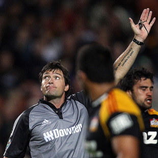 Steve Walsh reveals his tattooed motto as he signals a penalty, Chiefs v Stormers, Round 10, Super 14, Waikato Stadium, Hamilton, New Zealand, April 16, 2010