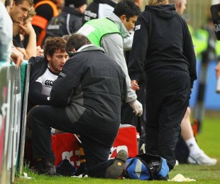 Wasps' Danny Cipriani receives treatment on the sidelines, Newcastle Falcons v London Wasps, Guinness Premiership, Kingston Park, Newcastle, England, May 8, 2010