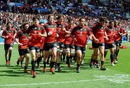 Toulouse's players warm-up ahead of their play-off against Castres