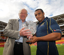 Former and current Wallabies Mark Loane and Will Genia with the Lansdowne Cup