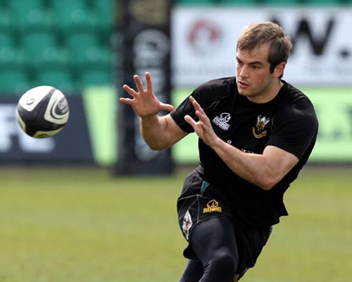 Stephen Myler takes the ball in training ahead of the Guinness Premiership play-off semi-final