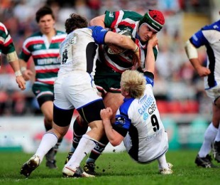 Leicester's Marcus Ayerza takes on the Bath defence, Leicester Tigers v Bath, Guinness Premiership semi-final, Welford Road, Leicester, England, May 16, 2010