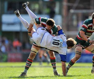 Leicester's Craig Newby tackles Bath's Butch James, Leicester Tigers v Bath, Guinness Premiership semi-final, Welford Road, Leicester, England, May 16, 2010