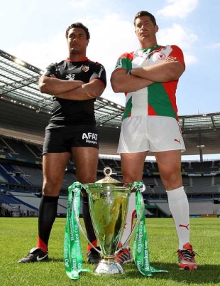 Toulouse's Thierry Dusautoir and Biarritz's Jerome Thion pose with the Heineken Cup, Stade de France, Paris, France, May 21, 2010