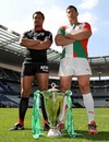Toulouse's Thierry Dusautoir and Biarritz's Jerome Thion pose with the Heineken Cup