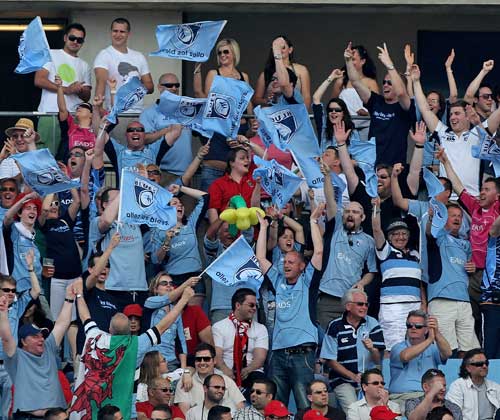 Cardiff Blues fans celebrate their side's triumph in Marseille