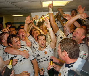 Exeter celebrate their promotion to the Guinness Premiership after the Championship play-off final, Bristol v Exeter, Memorial Stadium, Bristol, England, May 26, 2010