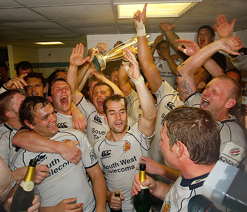 Exeter celebrate their promotion to the Guinness Premiership