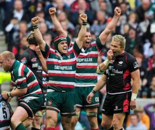 Leicester Tigers celebrate at the final whistle of the Guinness Premiersip final, Leicester v Saracens, Guinness Premiership final, Twickenham, London, England, May 29, 2010