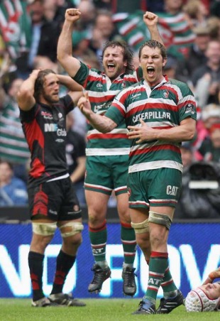 Leicester's Louis Deacon and George Chuter celebrate victory, Leicester v Saracens, Guinness Premiership Final, Twickenham, London, England, May 29, 2010