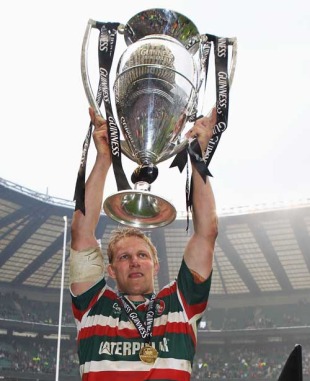 Leicester's Lewis Moody shows off the Guinness Premiership silverware