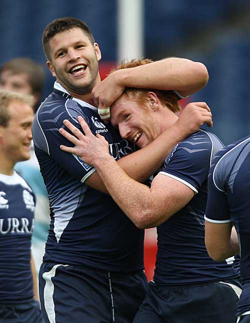 Scotland's Ally Hogg and Roddy Grant celebrate winning the Plate at the Edinburgh 7s
