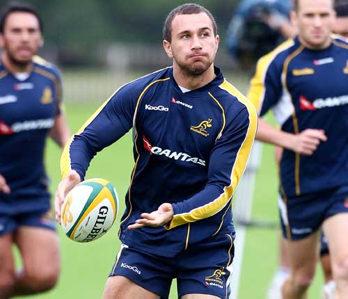 Australia fly-half Quade Cooper fires a pass during training