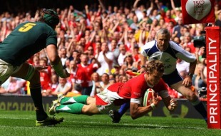 Tom Prydie scores his first try for Wales