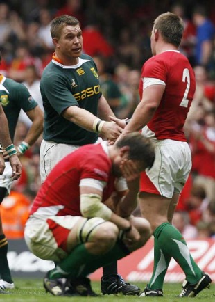 South Africa captain John Smit shakes hands with Wales hooker Matthew Rees, Wales v South Africa, Millennium Stadium, Cardiff, Wales, June 5, 2010